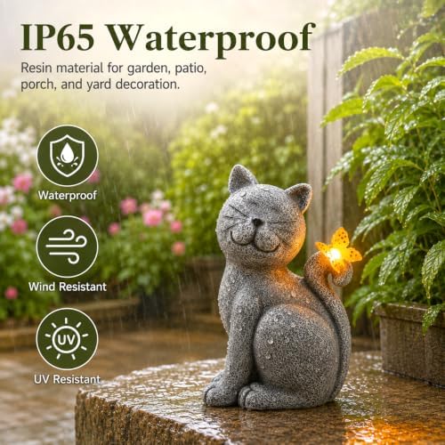 Solar Cat Garden Statue: Outdoor Figurine with Butterfly - Image 5