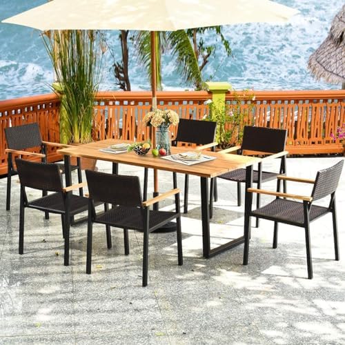 HAPPYGRILL 7 Pieces Wood Rattan Patio Dining Set, Outdoor Dining Furniture Set with Rectangle Table Wicker Chairs, Acacia Wood Tabletop with Umbrella Hole, Dining Set for Garden Backyard - Image 3