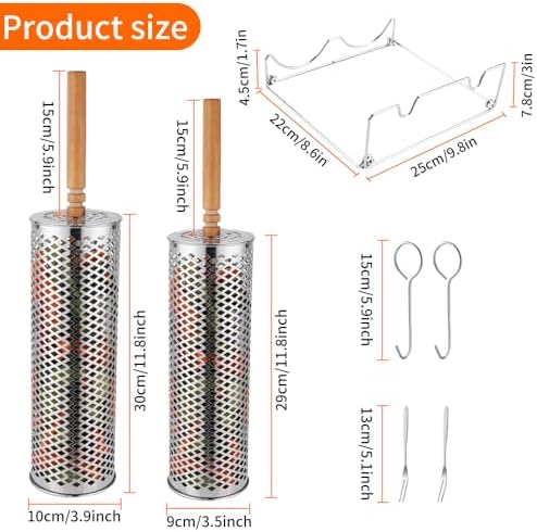 Rolling Grill Baskets (2PCS), Removable Wooden Handle, 304 Stainless Steel, Nesting Grilling Net, BBQ Accessories Tools for Vegetable Shrimp, Outdoor Cooking Camping, Birthday Gifts for Men/Dad/Husband (Perforated BBQ Cylinder Set (2 Pcs)) - Image 4