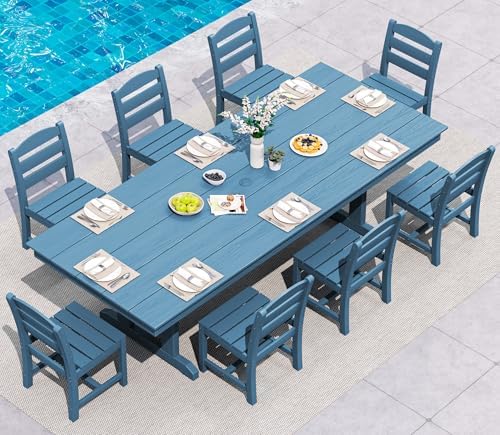 SERWALL 9Pcs 84" HDPE Outdoor Dining Set for 8 with Armless Chairs,Blue by SERWALL