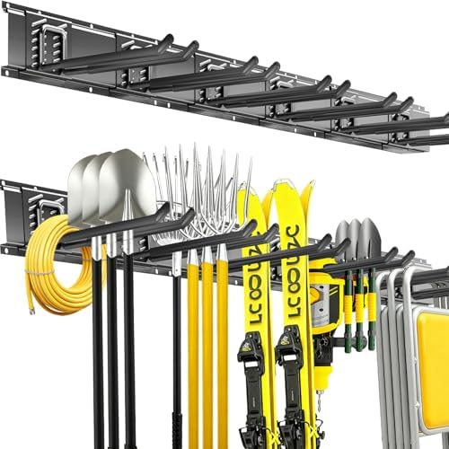 Garage Tool Organizer Wall Mount, 48 Inch Heavy Duty Garden Tool Organizer Storage System, Easy Install with 6 Adjustable Straight Hooks, for Garage, Basement, Shed, Workshop, Black, Steel by CRXCRC
