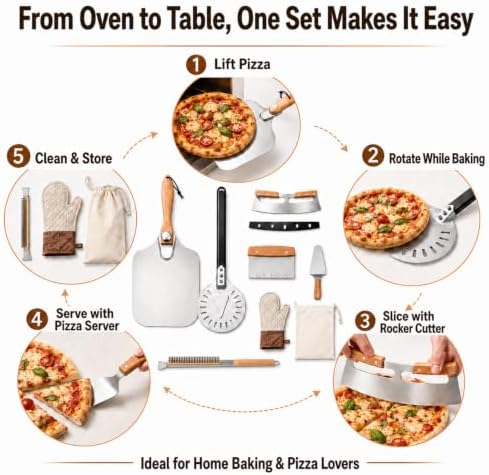 Pizza Peel Set, 8 Piece Pizza Oven Accessories Kit, 12x14 Inch Aluminum Pizza Paddle with Foldable Wooden Handle, 8 Inch Perforated Mini Peel, Rocker Cutter, Scraper, Server, Brush, Glove & Bag - Image 7