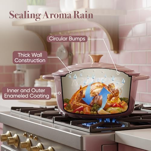 Vintage Style 6 Quart Dutch Oven Pot with Lid, Non Stick Enameled Cast Iron Dutch Oven for Bread Baking, Heavy-Duty, Oven Safe Ceramic Cookware Up to 500°F for Baking, Braising, Stews, Roasting, Pink - Image 6