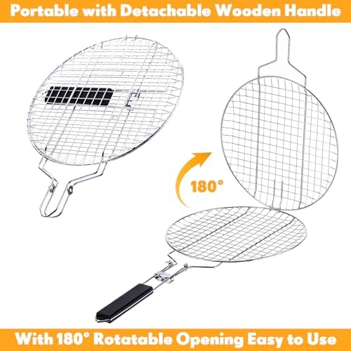 Yungyan 2 Pcs Round Grill Basket for Outdoor BBQ Fish 11'' Grilling Basket with Handle Stainless Steel Portable Rack for Vegetables Shrimp Steak Cooking Accessories Gift - Image 4