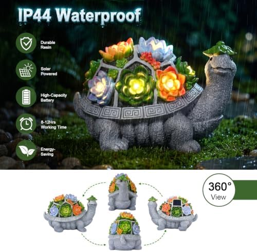 11.1 Inch Large Solar Garden Decor Turtle Statues Lights with Succulent - Image 3