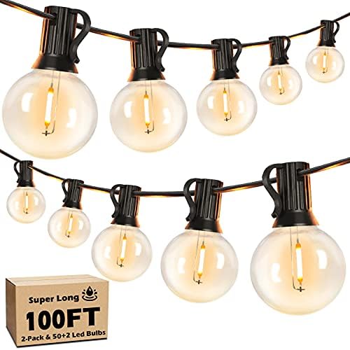 100FT LED Outdoor String Lights Patio Light with 52 Shatterproof G40 Dimmable Globe Bulb, 2-Pack 50FT Waterproof Outside Hanging String Light for Christmas Backyard Porch Balcony Gazebo Party by Brightever