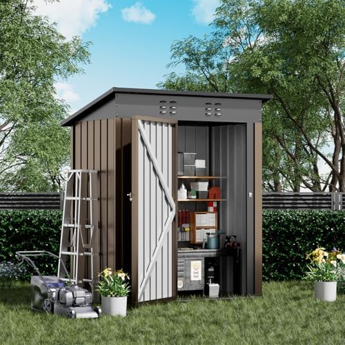 COMHOMA Shed Outdoor Storage Shed Metal,Lockable Doors Tool Sheds with Sloping Roof,Steel Garden Shed with Air Vent for Backyard,Patio,Lawn,Poolside(Brown,5'*3') - Image 2