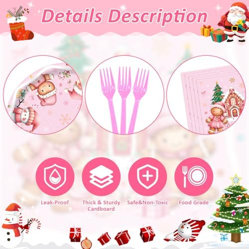 96Pcs Pink Gingerbread Christmas Decorations, Disposable Snowflake Gingerbread Paper Plates Napkins Forks Dinnerware for Xmas Ginger bread House Cookies Party Supplies, Serves 24 - Image 4