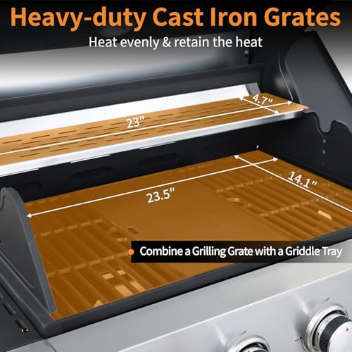 4 Burner Propane Gas Grill, 49,000 BTU Outdoor BBQ Grill with Cast Iron Grates & Griddle Combo, Large Cooking Area with Side Burner, Pullout Grease Tray, Portable for Backyard Patio - Image 2