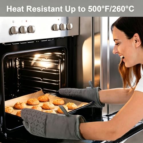 KEGOUU Oven Mitts and Pot Holders 6pcs Set, Kitchen Oven Glove High Heat Resistant 500 Degree Extra Long Oven Mitts and Potholder with Non-Slip Silicone Surface for Cooking (Grey) - Image 5