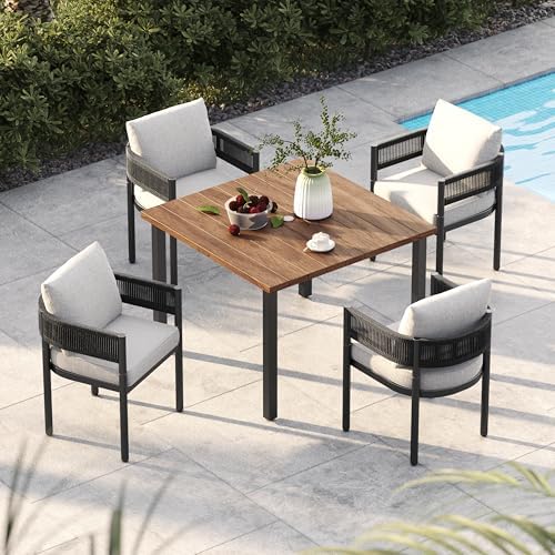 Grand patio 5-Piece Outdoor Dining Set for 4, Metal Woven Wicker Fixed Patio Chairs with Thickened Cushions & 1 Square Woodgrain Dining Table with Umbrella Hole for Backyard Deck (Black) by GrandPatio