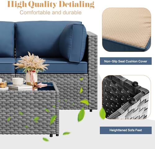 Vongrasig 5 Pieces Patio Furniture Set with Cushion, Glass Table, Navy Blue - Image 5