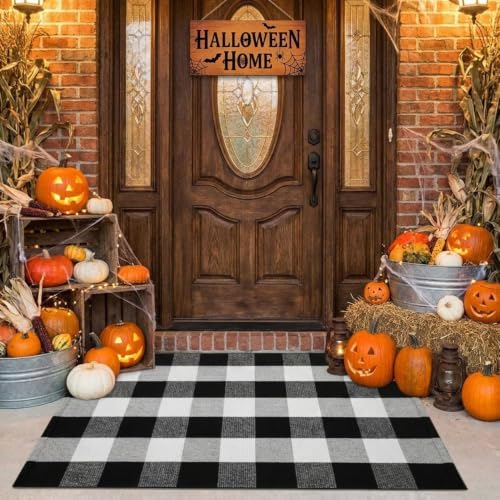 SEEKSEE Fall Decor Buffalo Plaid Outdoor Rug 27.5x43 Black and White Front Door Mat, Layering Rug for Porch, Washable Doormat, Cotton Area Rug for Outdoor Entrance Entryway Patio Porch Decor - Image 4