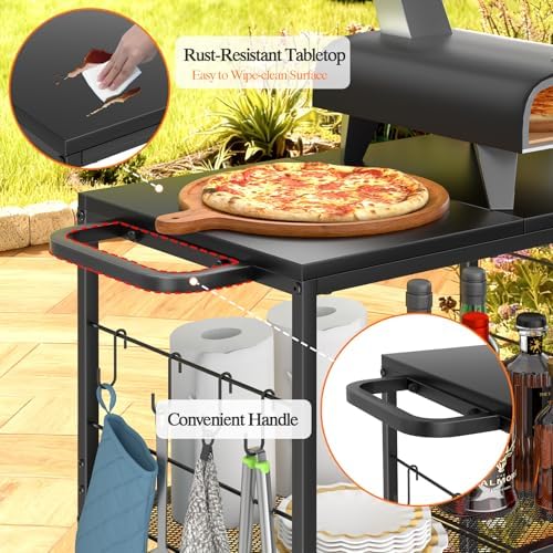 DAOUTIME Grill Cart for Outside, 3-Tier BBQ Food Prep Rolling Table Cart, with 23.62" Lx 15.75" W Rust-Resistant Tabletop, Outdoor Pizza Oven Table Ideal for Patio Backyard Kitchen Tools Room - Image 2