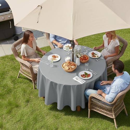 LUSHVIDA Round Outdoor Tablecloth with Umbrella Hole 60 Inch Silver - Image 2