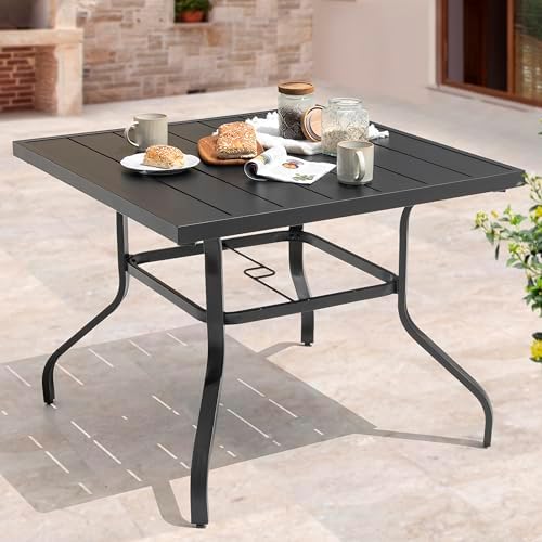 NUU GARDEN 37" Outdoor Patio Table, 4 Person Steel Slat Square Dining Table with 1.57" Umbrella Hole, Slatted Top and Powder Coated Iron Frame for Patio, Garden and Balcony, Black by NUUGARDENCORPORATION