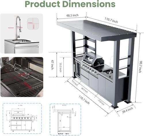 110" Outdoor Kitchen Island with 4-Burner 72000 BTU,Heavy-Duty Propane Grill with Side Burner,Rotisserie Oven,Galvanized Steel Roof,Granite Countertops,Refrigerator,Storage Cabinets,Sink(Propane Gas) - Image 2
