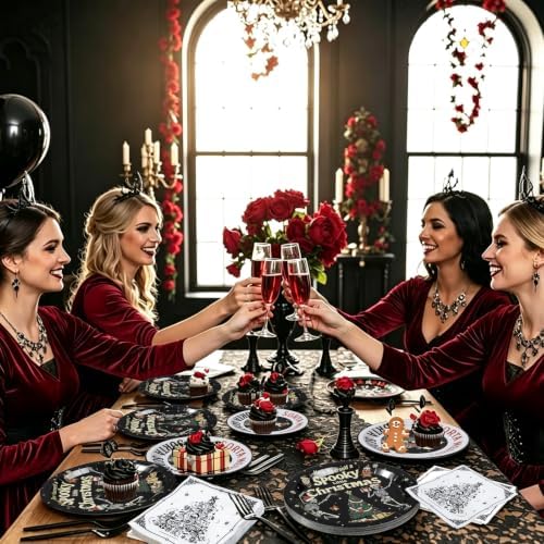 125 Pcs Gothic Halloween Christmas Tableware Set | Skull Christmas Disposable Paper Plates Napkins Forks, Goth Dinnerware set for Xmas Birthday Halloween Party Supplies - Image 5