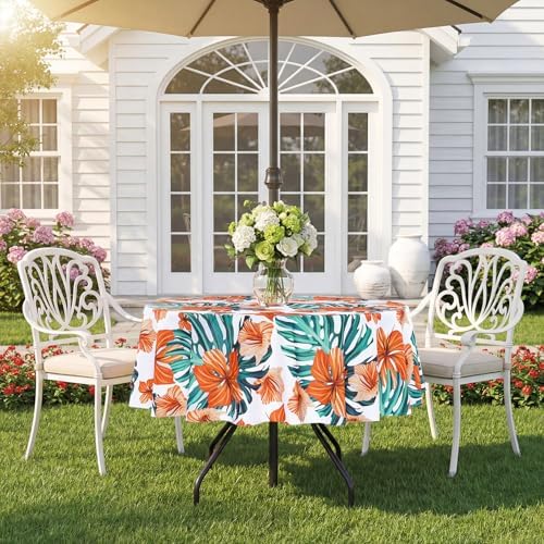 SquarePie Round Outdoor Talecloth with Umbrella Hole and Zipper 60 Inch,Water Resistant SpillProof Patio Table Cloth Cover for Spring Summer Camping Garden Poolside Picnic,Palm Leaf Orange Flower - Image 5