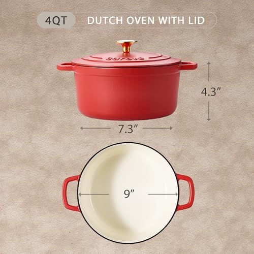 CAROTE Enameled Cast Iron Dutch Oven Pot with Lid, 4QT Red - Image 2