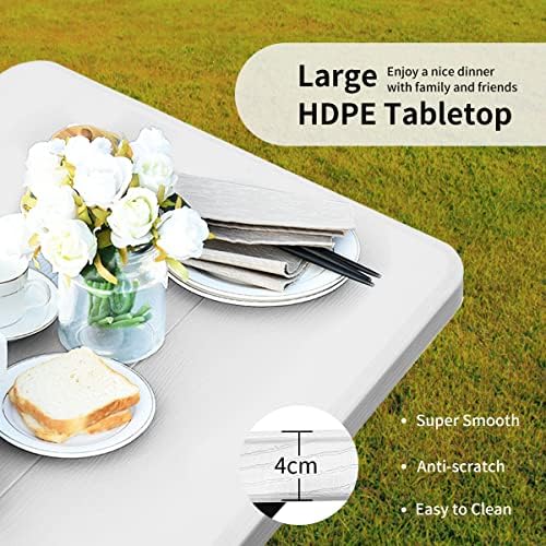 ORALNER Picnic Table, Resin Dining Table & 2 Benches Set, Weather Resistant Wood Grain Plastic Tabletop & Steel Frame, Picnic Tables for Outdoors, Porch Yard Patio Lawn Party Camping (White) - Image 5