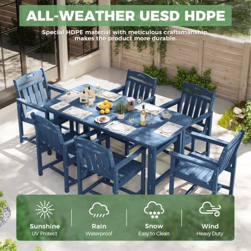 HDPE Outdoor Dining Set, Patio Table and 6 Chairs, 2" Umbrella Hole, Navy - Image 3