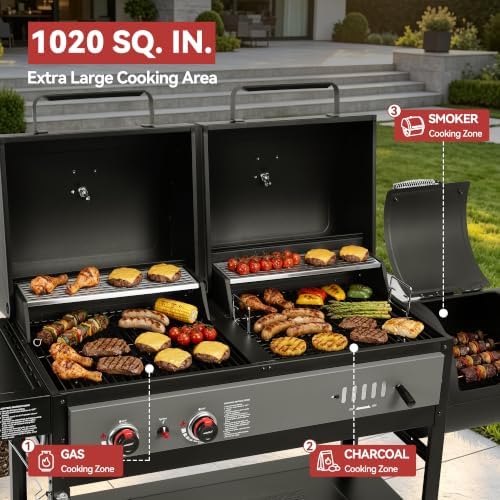Royal Gourmet ZH3006Y 2-Burner Gas and Charcoal Grill Combo, Offset Smoker - Image 5
