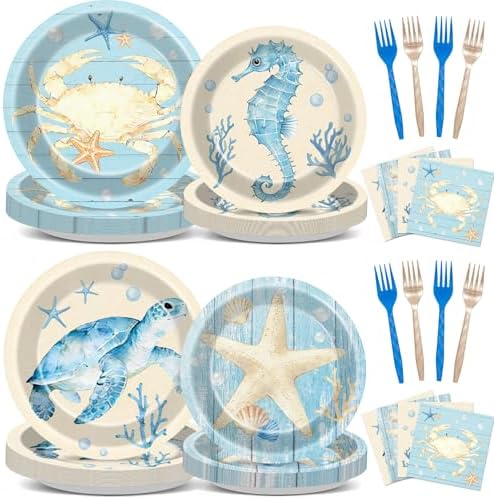 96Pcs Sealife Coastal Party Decorations Ocean Nautical Birthday Plates and Napkins Beach Turtle Starfish Seahorse Crab Paper Plates Disposable Tableware for Under the Sea Summer Coral Party Supplies by Oitnlaughter