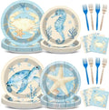 96Pcs Sealife Coastal Party Decorations Ocean Nautical Birthday Plates and Napkins Beach Turtle Starfish Seahorse Crab Paper Plates Disposable Tableware for Under the Sea Summer Coral Party Supplies by Oitnlaughter