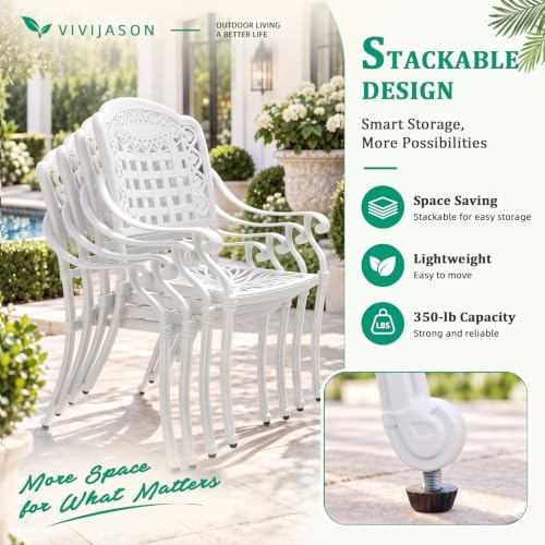VIVIJASON 5-Piece Outdoor Patio Furniture Dining Set, All-Weather Cast Aluminum Conversation Set, Include 4 Chairs and 38.5" Round Table w/Umbrella Hole for Balcony, Lawn, Garden, Backyard, White - Image 5
