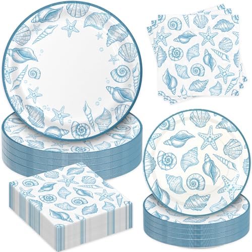 180Pcs Blue Seashell Starfish Coral Plates and Napkins Set,Serves 60 by Osonm