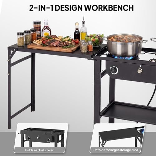 Bonnlo 2 Burner Propane Gas Stove with Work Station & Auto Ignition, 150,000 BTU Portable Camping Stove with Wheels & Regulator, Outdoor Propane Stove for Backyard Patio Cooking BBQ - Image 3