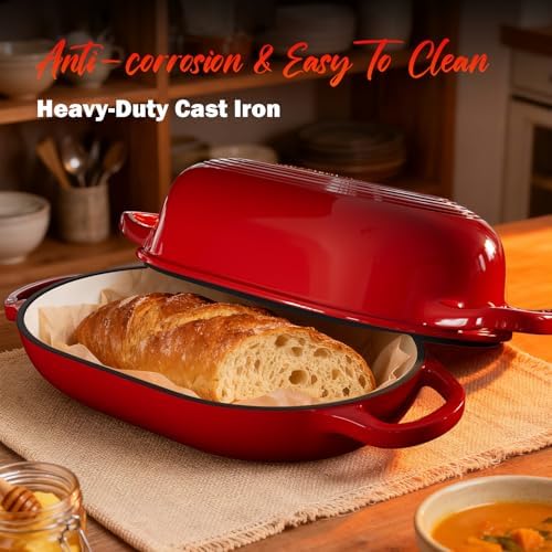 Enameled Cast Iron Sourdough Bread Oven, Dutch Oven, incl. Sourdough Bread-Baking Supplies like Banneton Bread-Proofing Basket - 5QT Loaf Cast Iron Bread Pan for Homemade Bread Baking, Red Meatloaf Pan with Lid - Image 4