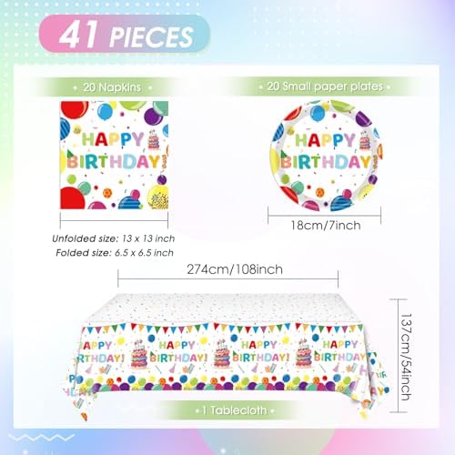 41Pcs Happy Birthday Decorations Colorful Birthday Party Supplies Set Rainbow Color Balloons Design Happy Birthday Paper Plates Napkins Tablecloth丨Birthday Decorations for Boys Girls Kids,Serve 20 - Image 2
