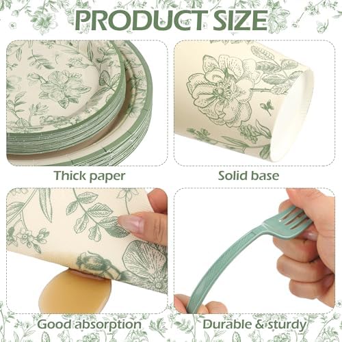 Kochorie 144 Pieces Floral Party Supplies, Sage Green Flower Tableware Sets Including Disposable Paper Plates Napkins Cups Forks Serves 24 for Wedding Baby Shower Birthday Party Decorations - Image 3