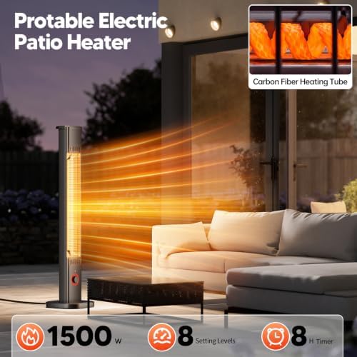 Patio Heater for Outdoor Use1500W, 8H Timer, Waterproof, Infrared Electric Protable Patio Heater, 8 Levels Heating for Garage Backyard Black - Image 3