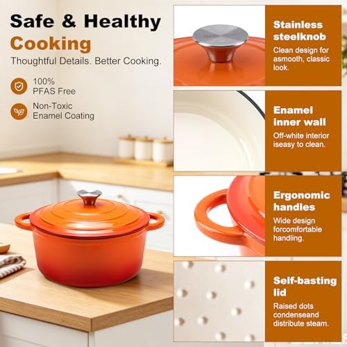 Enameled Cast Iron Round Dutch Oven -4QT Pot With Lid,Orange - Image 6