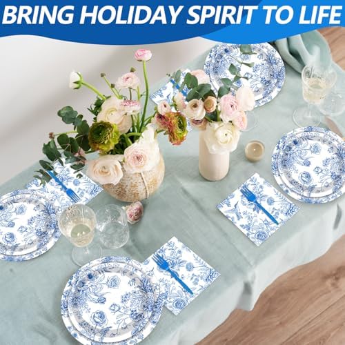 100 Pcs Blue and White Floral Tableware Party Supplies Set, Serves 25 – Disposable Elegant Flower Paper Plates, Napkins, and Plastic Forks for Wedding, Bridal Shower, Birthday, Garden Tea Decorations - Image 4