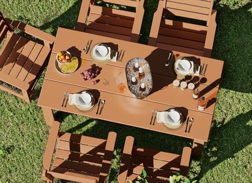 GREENVINES HDPE Outdoor Dining Table w/Umbrella Hole for 6, Teak - Image 5