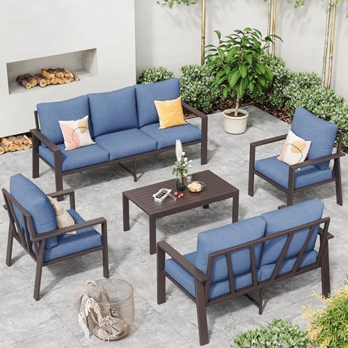Aluminum Patio Furniture Set 5 Pieces Modern Patio Conversation Sets for Porch, Deck, Garden, 7-Seat Outdoor Furniture Metal Sofa Set with 4" Water-Resistant Cushion & Coffee Table,Navy by VonzoyHome