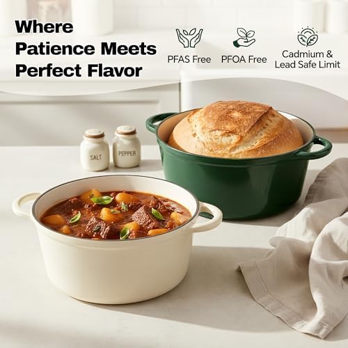 4.5 Quart Dutch Oven Pot with Lid, Non Stick Enameled Cast Iron Dutch Oven for Bread Baking, Heavy-Duty, Oven Safe Ceramic Cookware Up to 500°F for Baking, Braising, Stews, Roasting, Green - Image 2