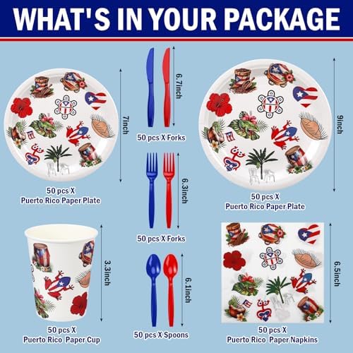 FoldTier 350 Pcs Puerto Rico Party Supplies Disposable Paper Plates Napkins Cups Puerto Rico Theme Birthday Party Decorations Tableware Flag Frog for Holiday Festival Family Friends Serve 50 Guests - Image 2