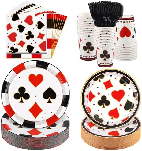 Kochorie 144 Pieces Casino Party Supplies Set, Las Vegas Tableware Sets Including Disposable Plates Napkins Cups Forks Serves 24 for Birthday Poker Events Casino Theme Party Decorations by Kochorie
