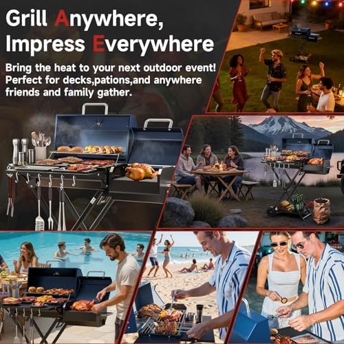 Portable Charcoal Grill with Smoking Function, Foldable Suitcase Design with Wheels, Multi-Tier Storage Rack & Waterproof Cover for Outdoor BBQ Parties (Blue) - Image 5