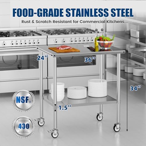 Stainless Steel Work Table with Wheels, 24x36 Inch NSF Kitchen Prep Table with Adjustable Undershelf for Commercial Restaurant, Garage, Outdoor BBQ - Image 3