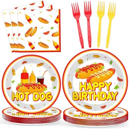 96Pcs Hot Theme Dog Birthday Party Paper Plates and Napkins for Fast Food Themed Party Supplies Hot Dog Themed Paper Dessert Plates Picnic BBQ Tableware Set for 24 Guests Birthday Party Decorations by Oitnlaughter