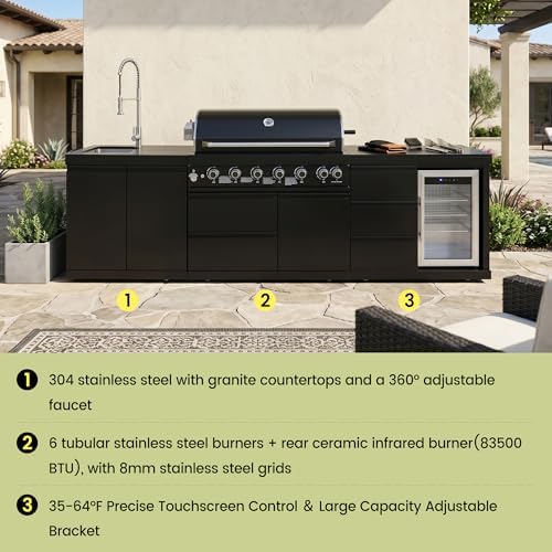 114 Inch Outdoor Kitchen Island, 6 Burner Propane Gas BBQ Grill 83500 BTU, 304 Stainless Steel Black Grill Station with Sink, Refrigerator, Rotisserie, For Patio, Lawn, Backyard, Black - Image 5