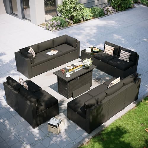 Aoxun Patio Furniture Set with Fire Pit Table, 12 Piece Outdoor Sectional Sofas, 10 Seats Wicker Rattan Outdoor Furniture with Thickened Cushion for Backyard, Garden Black by Aoxun