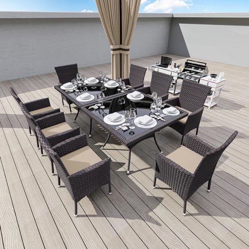 Gotland 10 Piece Outdoor Dining Set, All-Weather Rattan Patio Furniture Set with Umbrella Hole Tempered Glass Square Table, Outdoor Table and Chairs with Removable Cushions for Backyard, Deck Khaki - Image 6