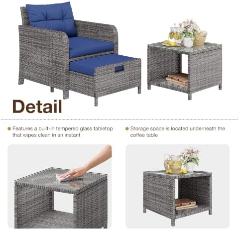 LHBcraft 5 Piece Patio Furniture Set, PE Wicker Outdoor Furniture Set with Soft Cushions & Coffee Table, Outdoor Lounge Chairs with Ottoman for Porch, Lawn, Balcony, Grey-Blue - Image 4